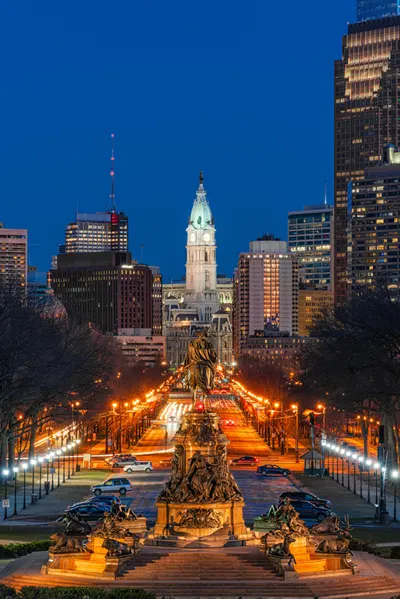 Philadelphia view towards city hall with cityscape background at the twilight time